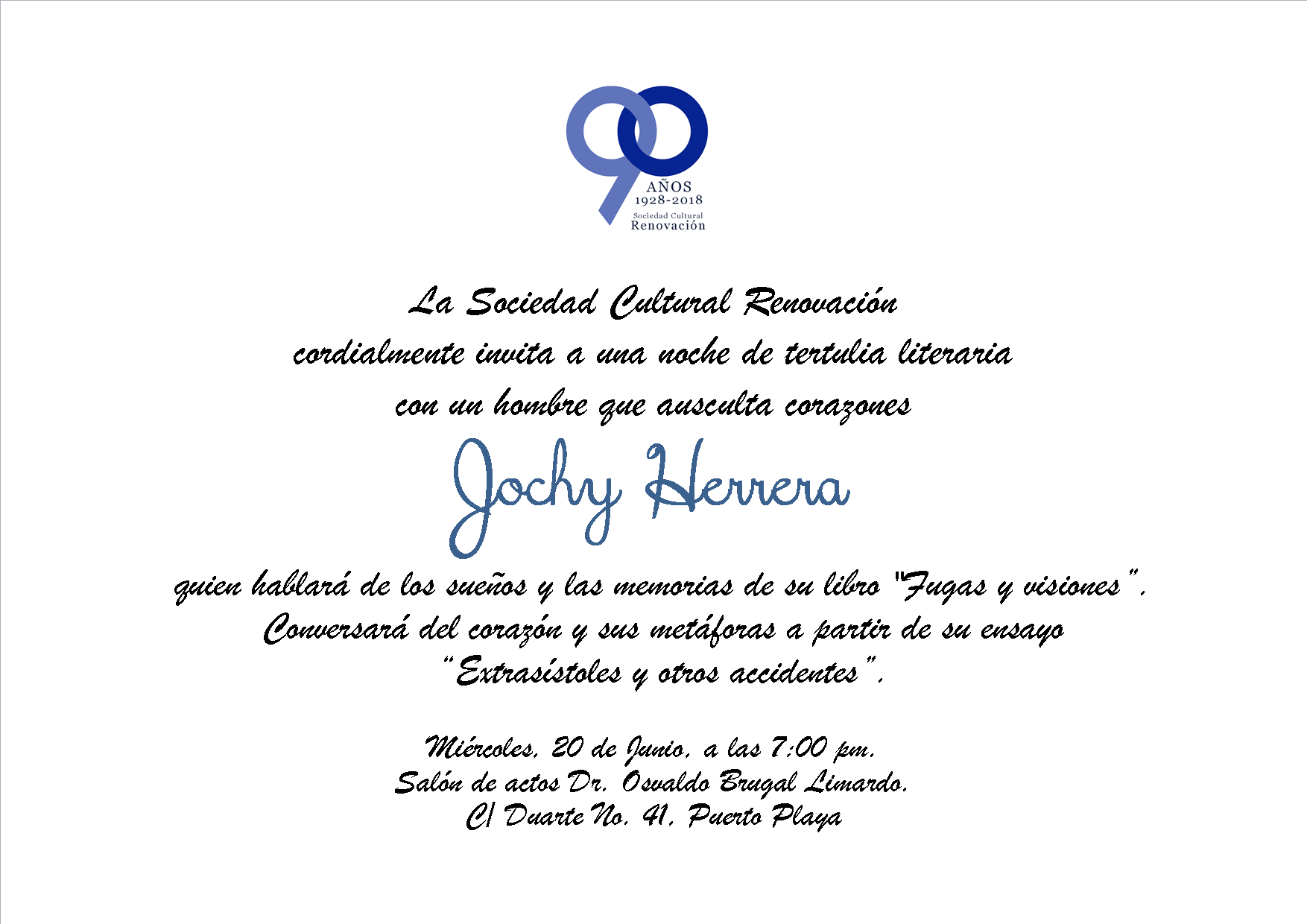 Realizarán tertulia literaria este miércoles en la Sociedad Cultural Renovación