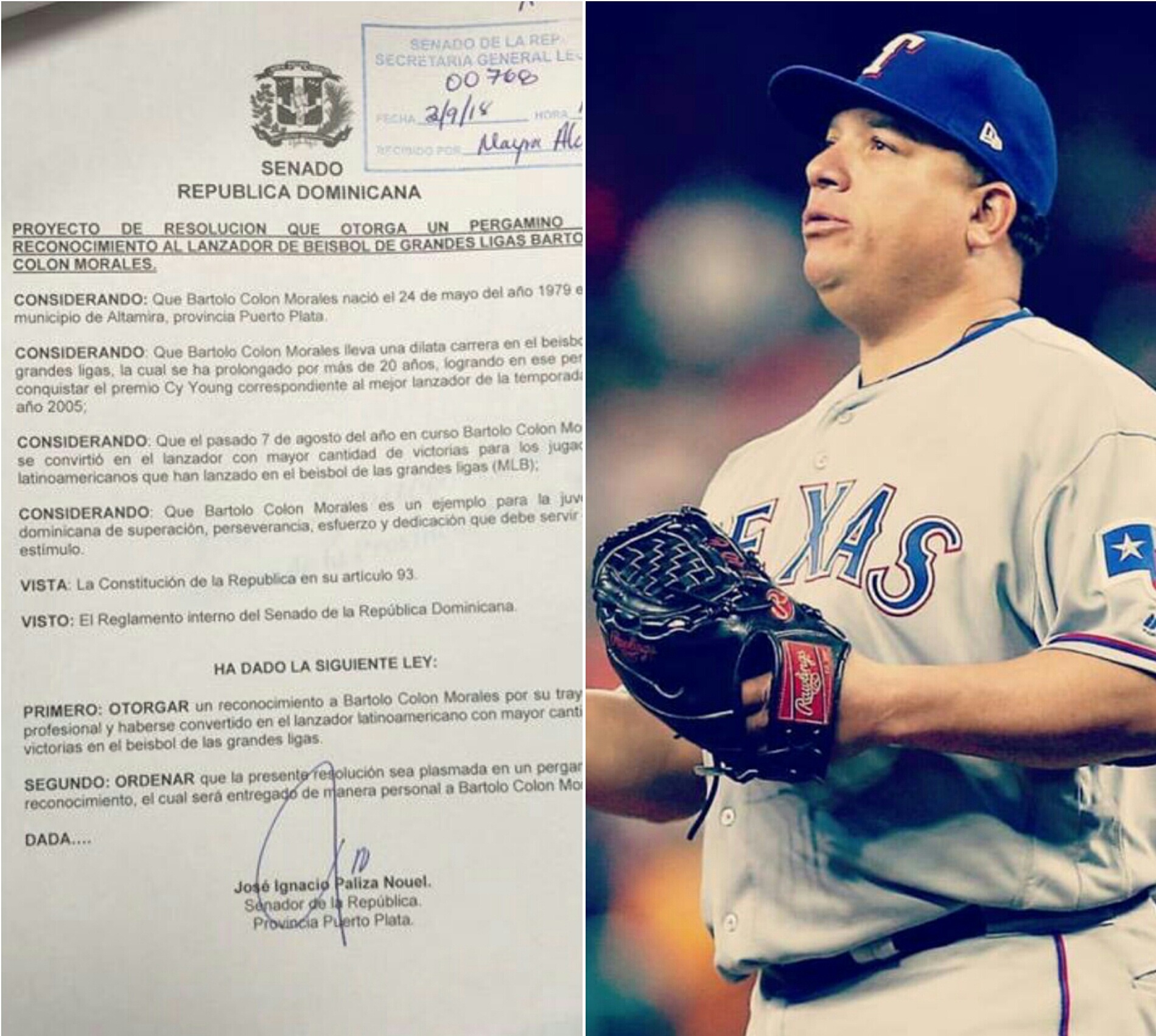 Paliza somete resolución ante el Senado para reconocer pelotero Bartolo Colón