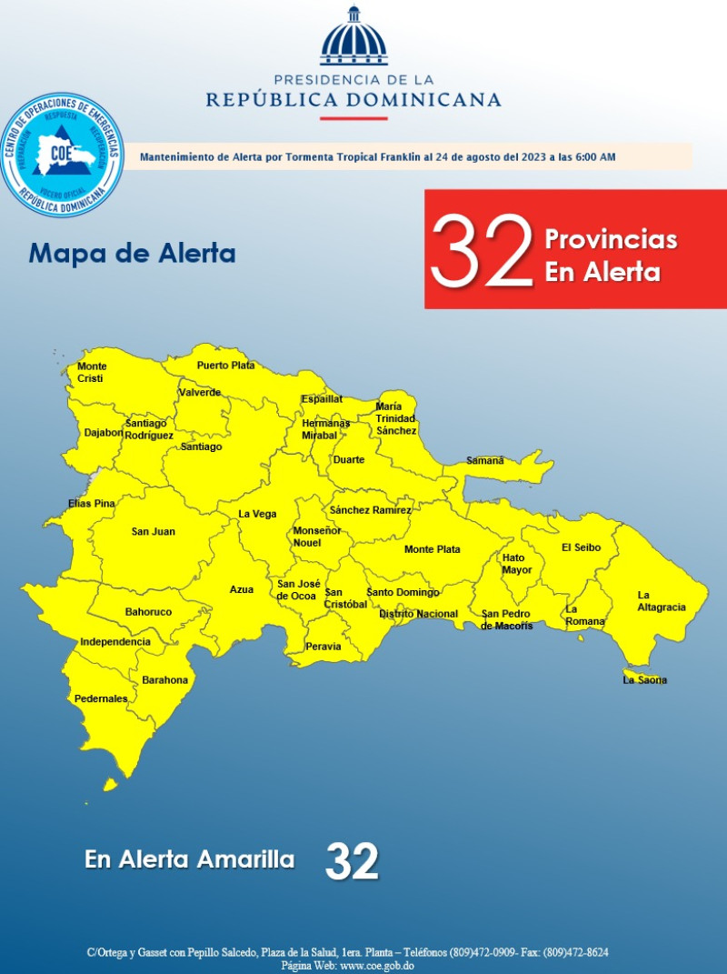 COE coloca todas las provincias en alerta amarilla por tormenta Franklin