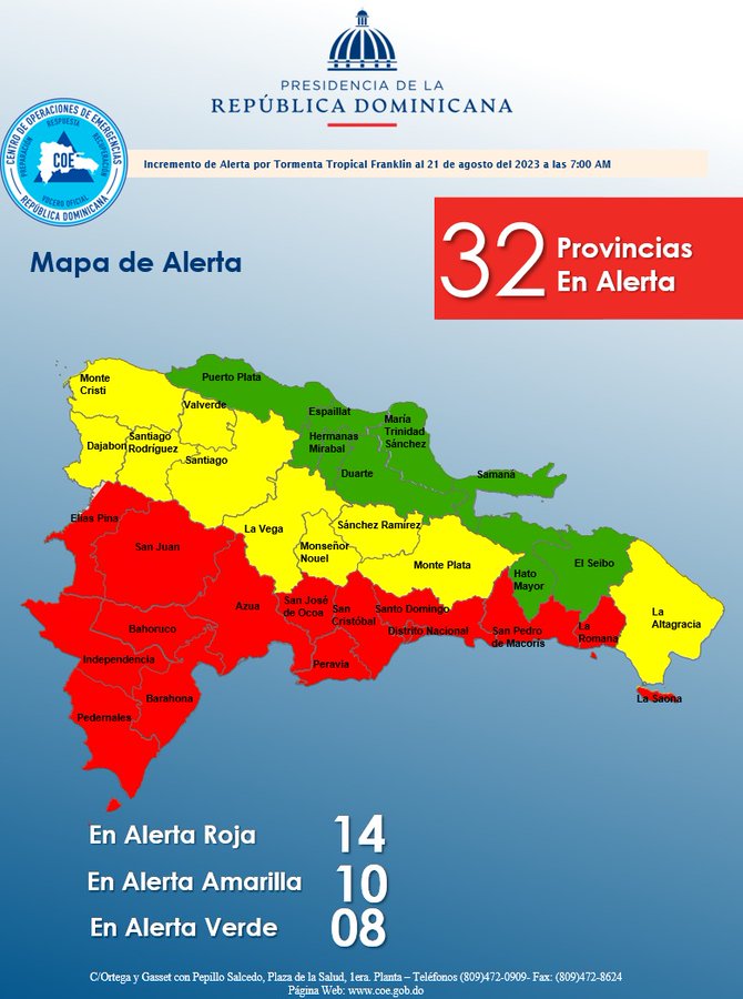 COE incrementa alertas ante tormenta tropical Franklin; 14 provincias en rojo