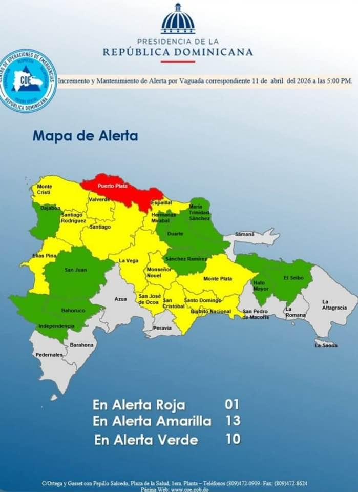 Colocan a Puerto Plata en alerta roja y otras 23 en amarilla y verde y advierten sobre peligro por lluvias